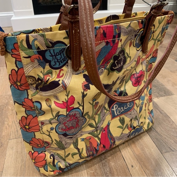 Sakroots Coated Canvas Peace/Bird Multicolored Floral Print Tote Bag - Picture 7 of 16